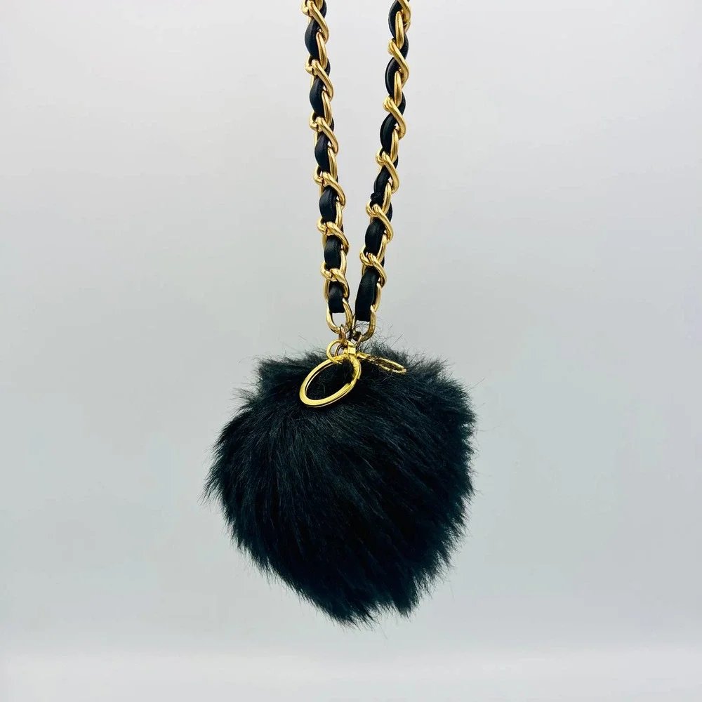 Handmade Faux Fur Pompom Keychain Bag Charm Black Gold Woven Classic Bracelet